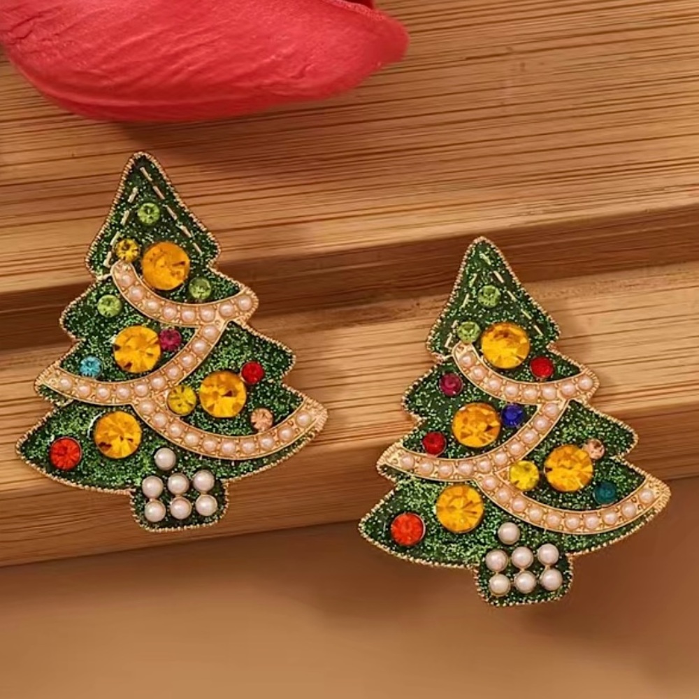 Yellow Rhinestone Studded Christmas Tree Stud Earrings.